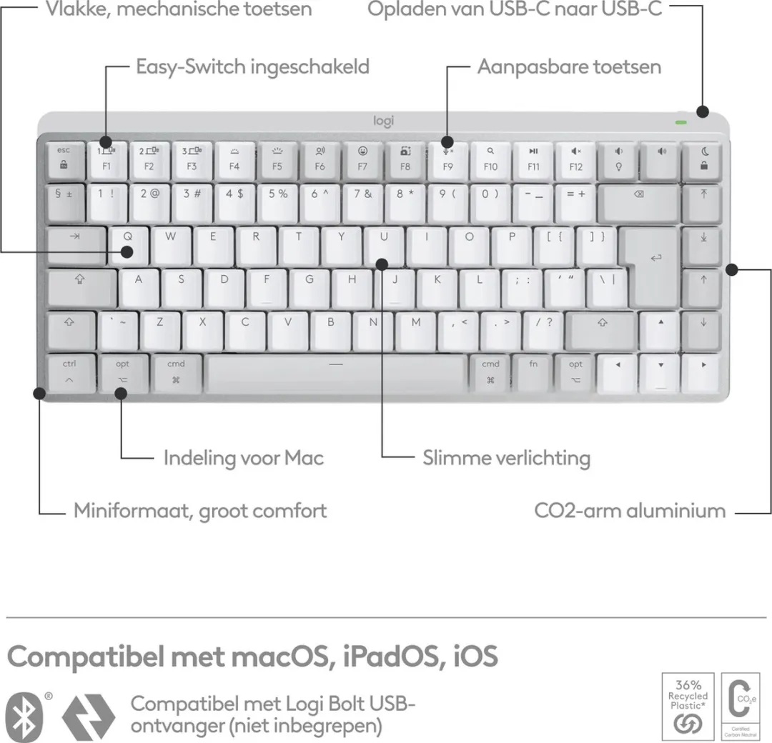 Logitech MX Mechanical Mini Toetsenbord - Wit - QWERTZ - afbeelding 6 van 6