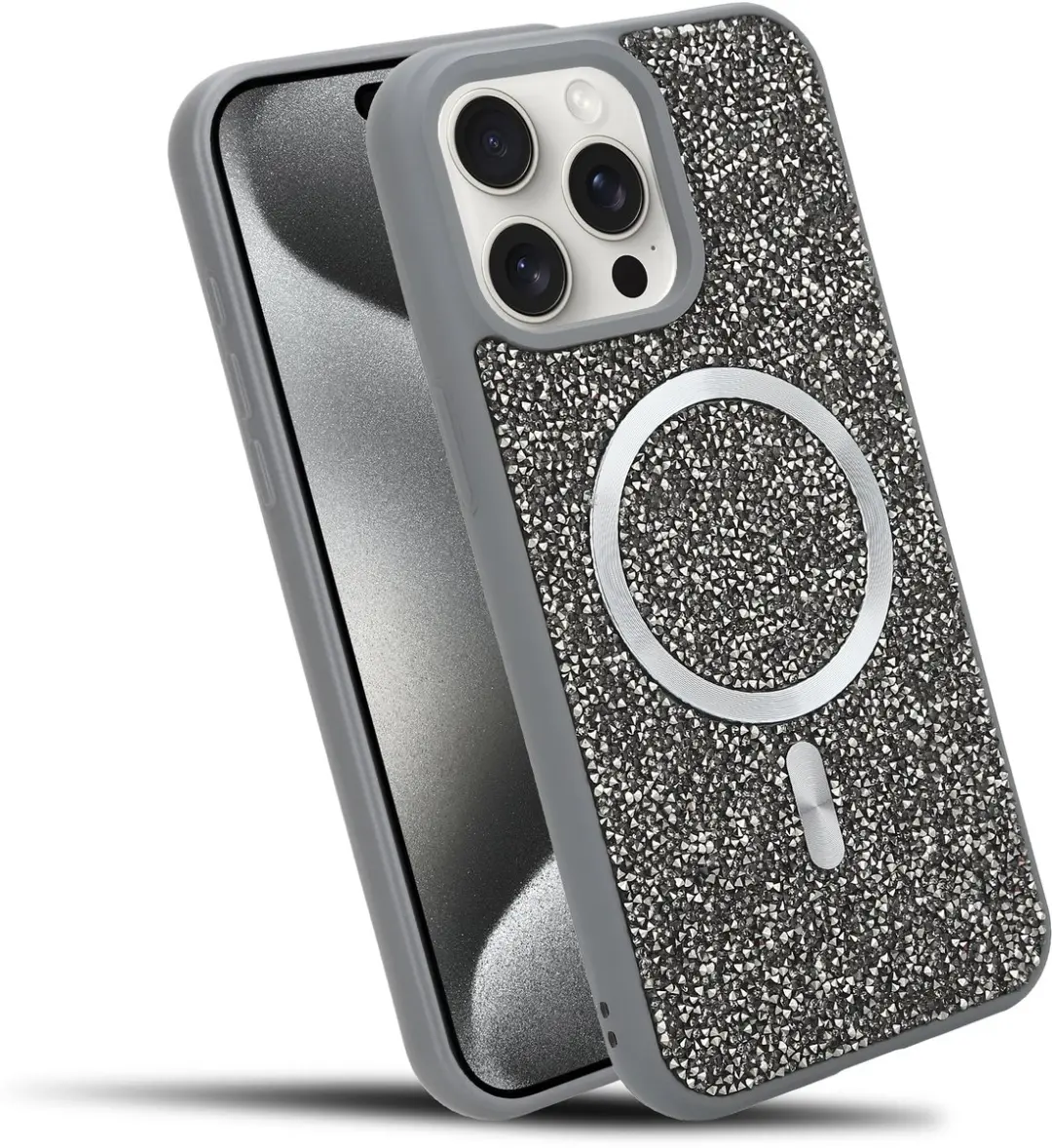 Hoesje geschikt voor iPhone 15 PRO MAX in Grijs Diamant Glitter Stijl