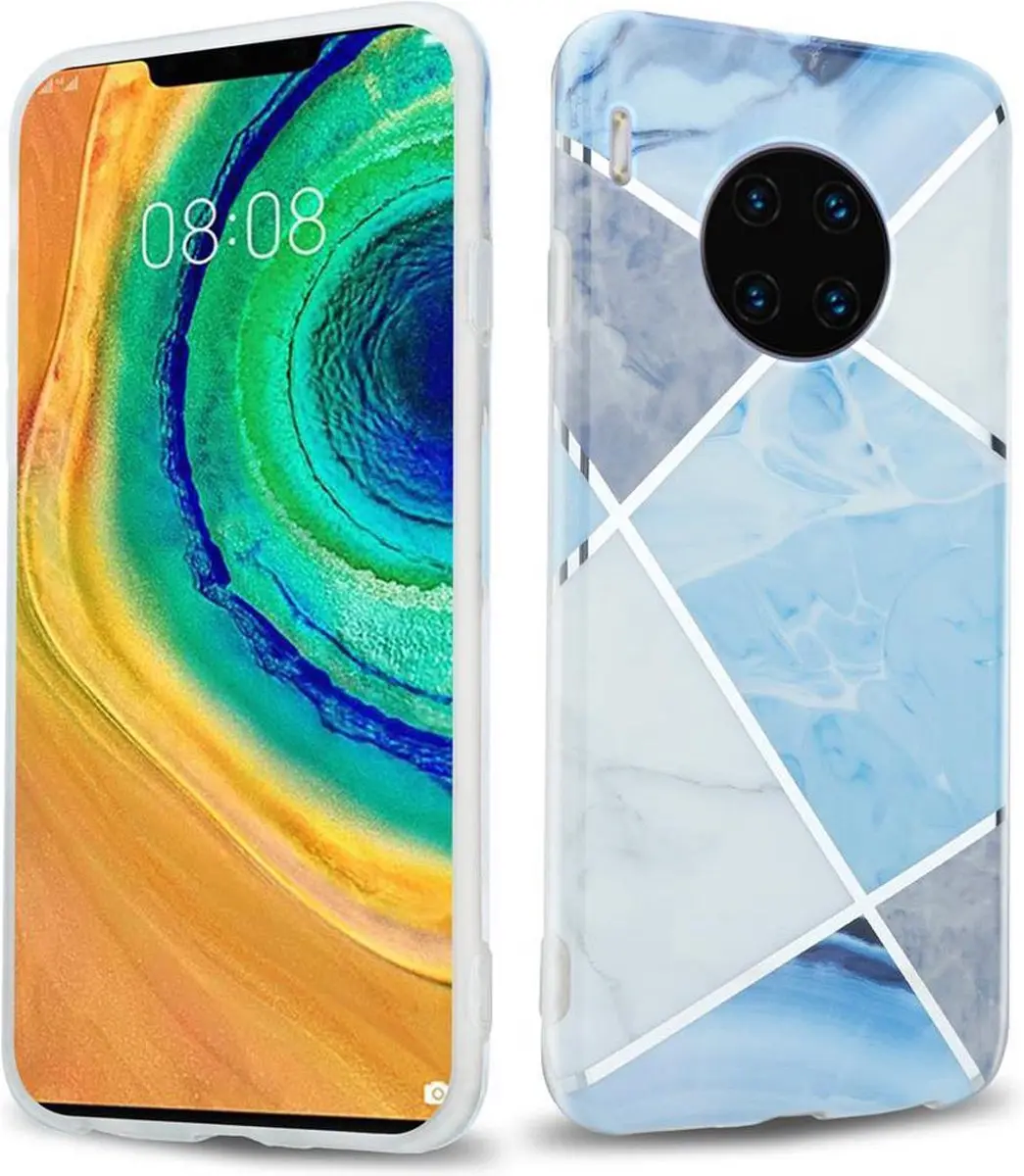 Cadorabo Hoesje geschikt voor Huawei MATE 30 PRO in Blauw Wit Grijs Marmer No. 2