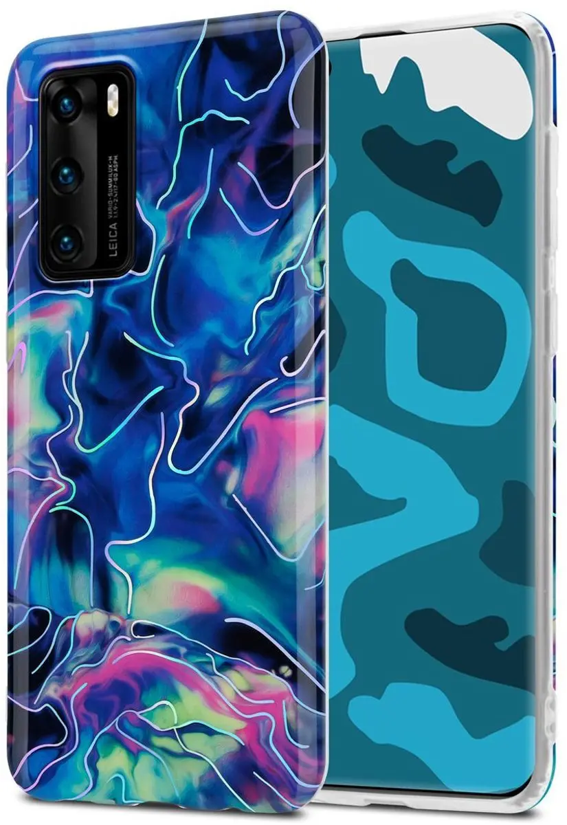 Cadorabo Hoesje geschikt voor Huawei P40 in Blauw Roze marmer No. 17
