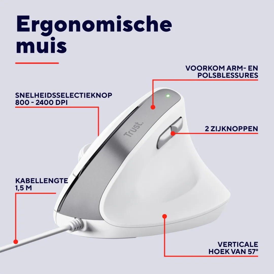 Trust Bayo V2 Ergonomische Muis - Verticaal - USB - Wit