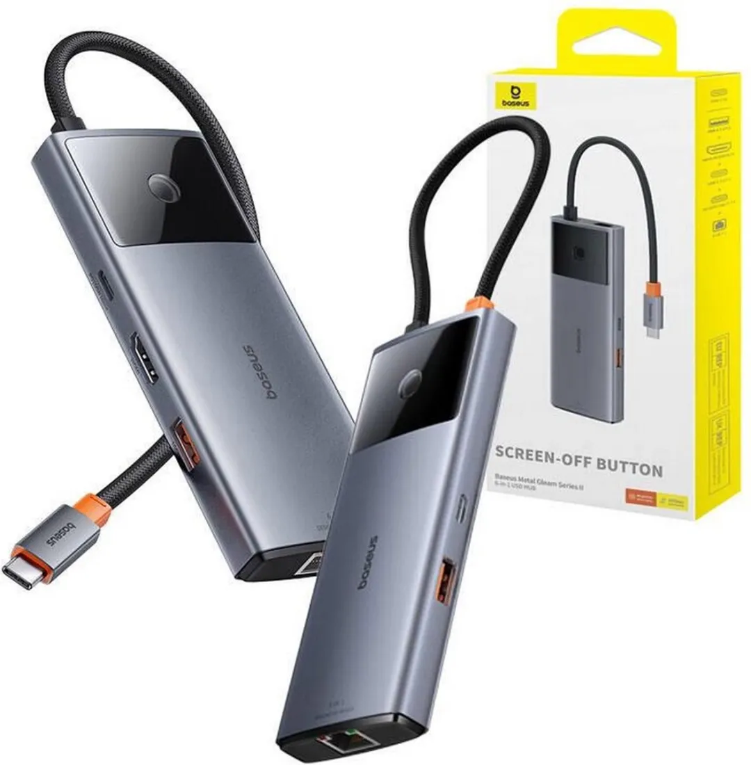 USB-HUB - 6in1 - Baseus Metal Gleam-serie USB-A/USB-C/USB-C PD/HDMI/RJ45 - zwart
