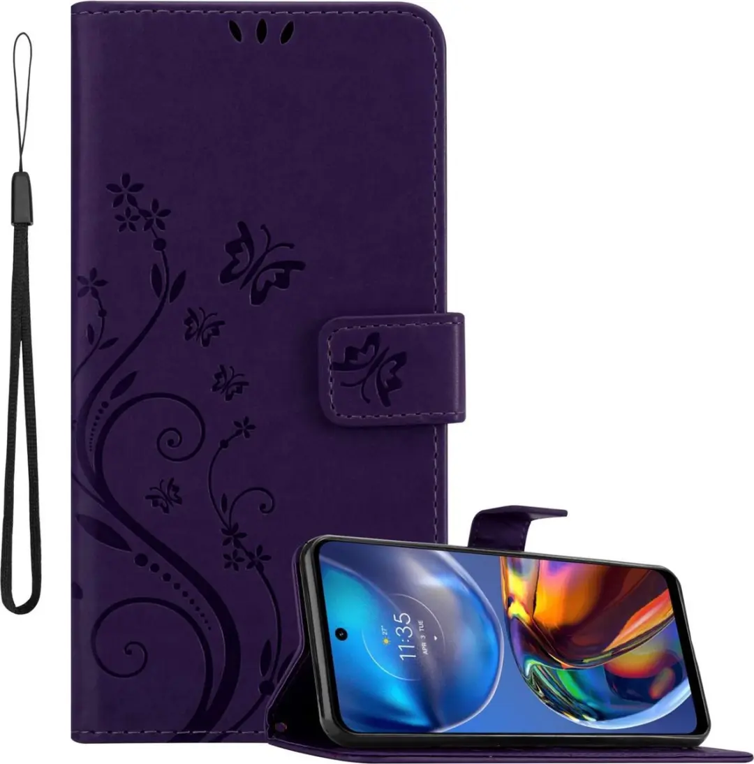 Cadorabo Hoesje geschikt voor Motorola MOTO E32 4G / E32S in Paars - Beschermhoes in bloemmotief met magnetische sluiting, standfunctie en kaartsleuven Book Case Cover Etui