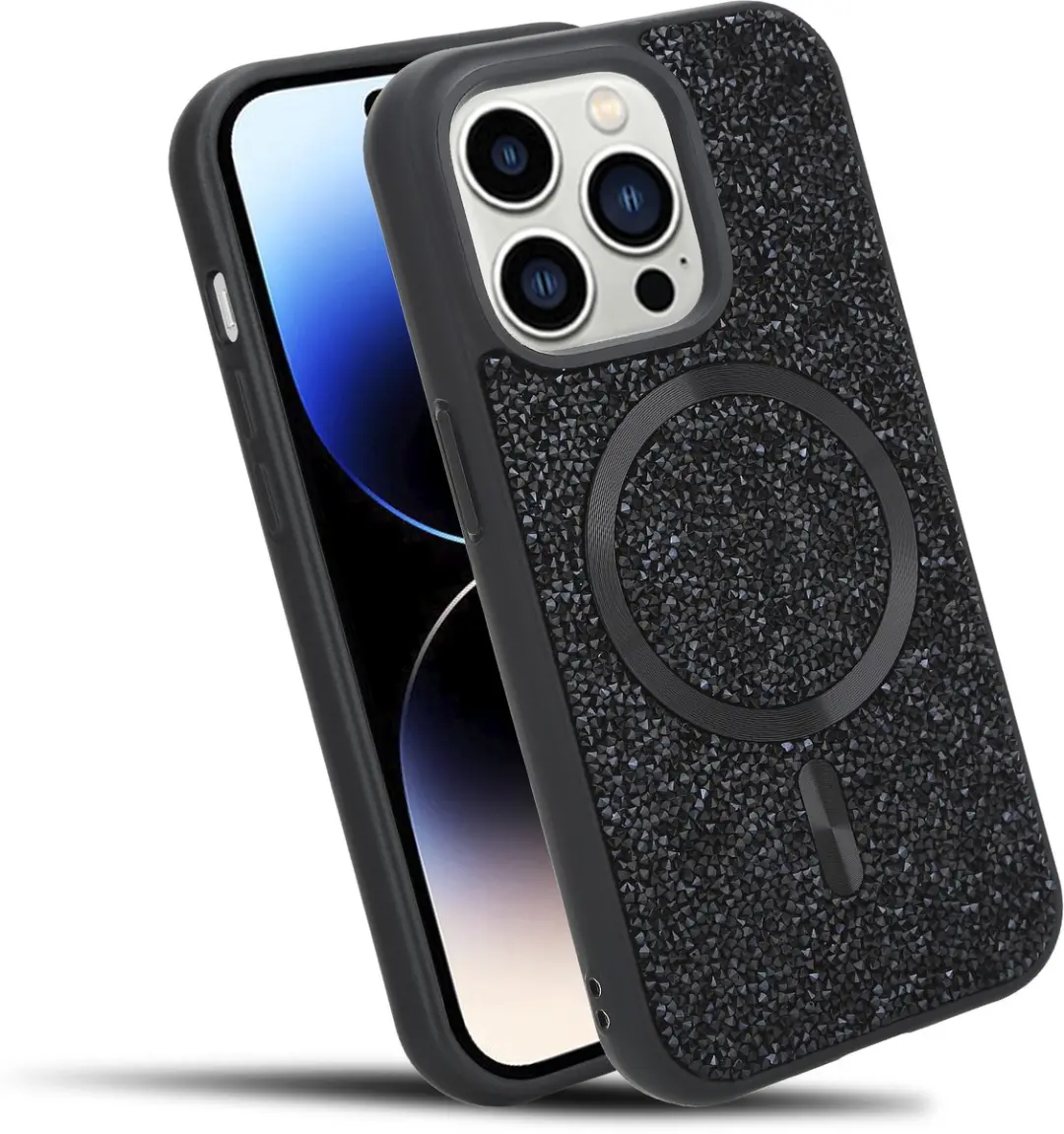 Hoesje geschikt voor iPhone 14 PRO MAX in Zwart Diamant Glitter Stijl