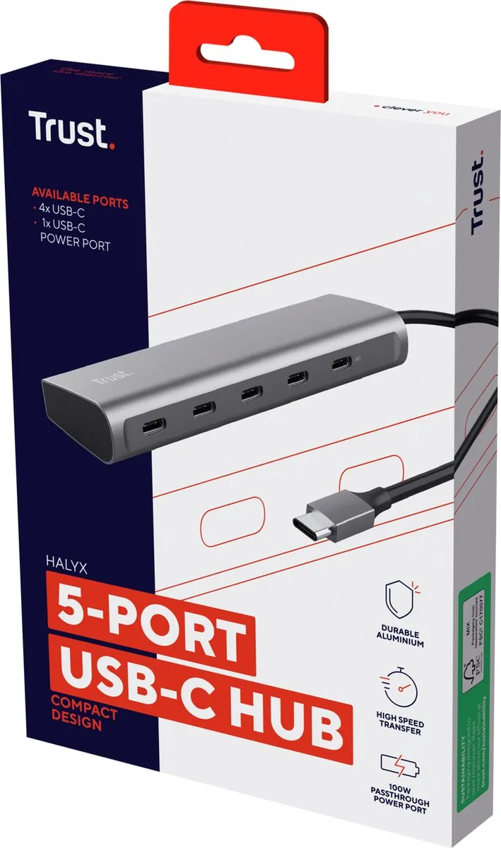 Trust 25136 USB C Hub 5 Poorten - Aluminium