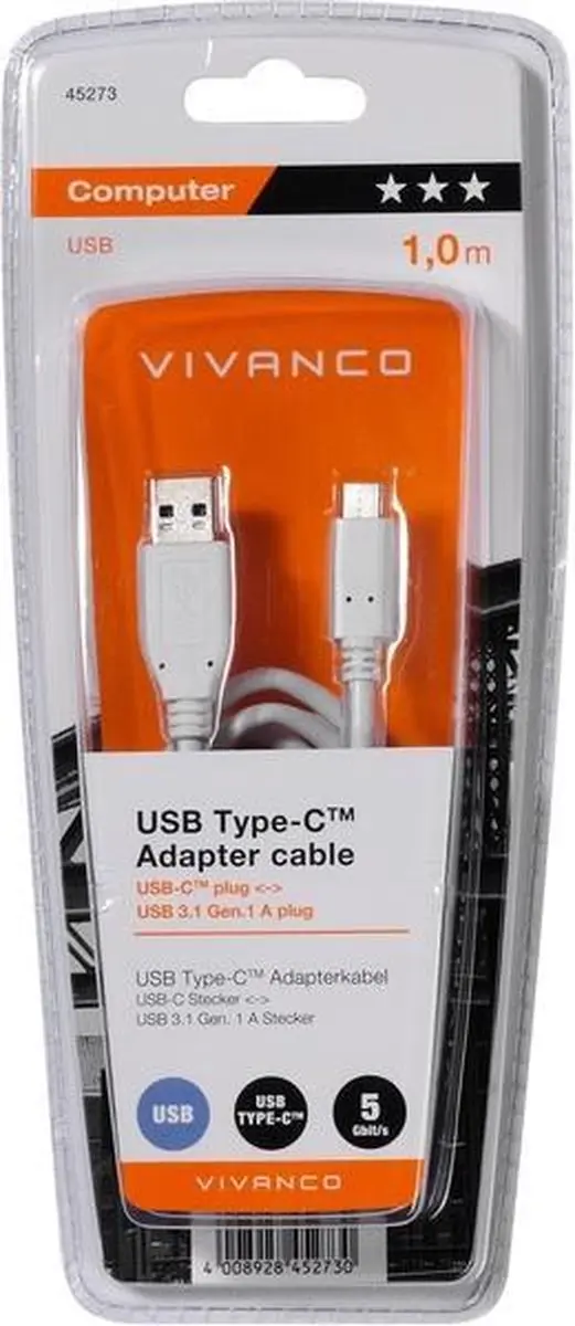 Vivanco 45273 USB-C naar USB-A kabel 1m - Wit - afbeelding 2 van 2