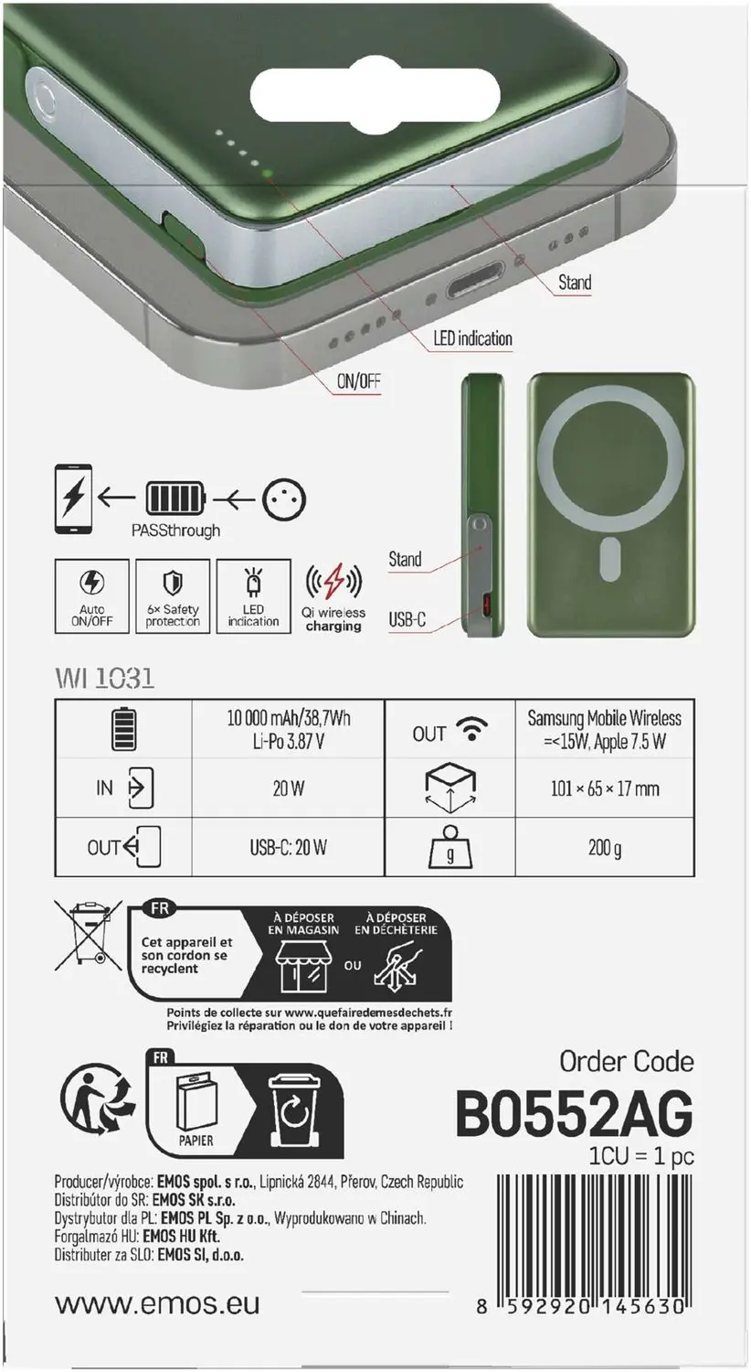 Emos WI1031 Powerbank 10.000mAh 20W - Legergroen - afbeelding 4 van 6