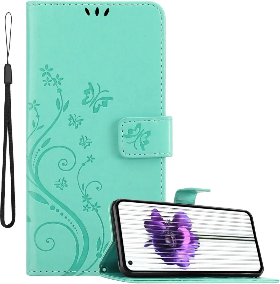 Cadorabo Hoesje geschikt voor Nothing Phone (1) in BLOEMEN TURKOOIS - Beschermhoes in bloemmotief met magnetische sluiting, standfunctie en kaartsleuven Book Case Cover Etui