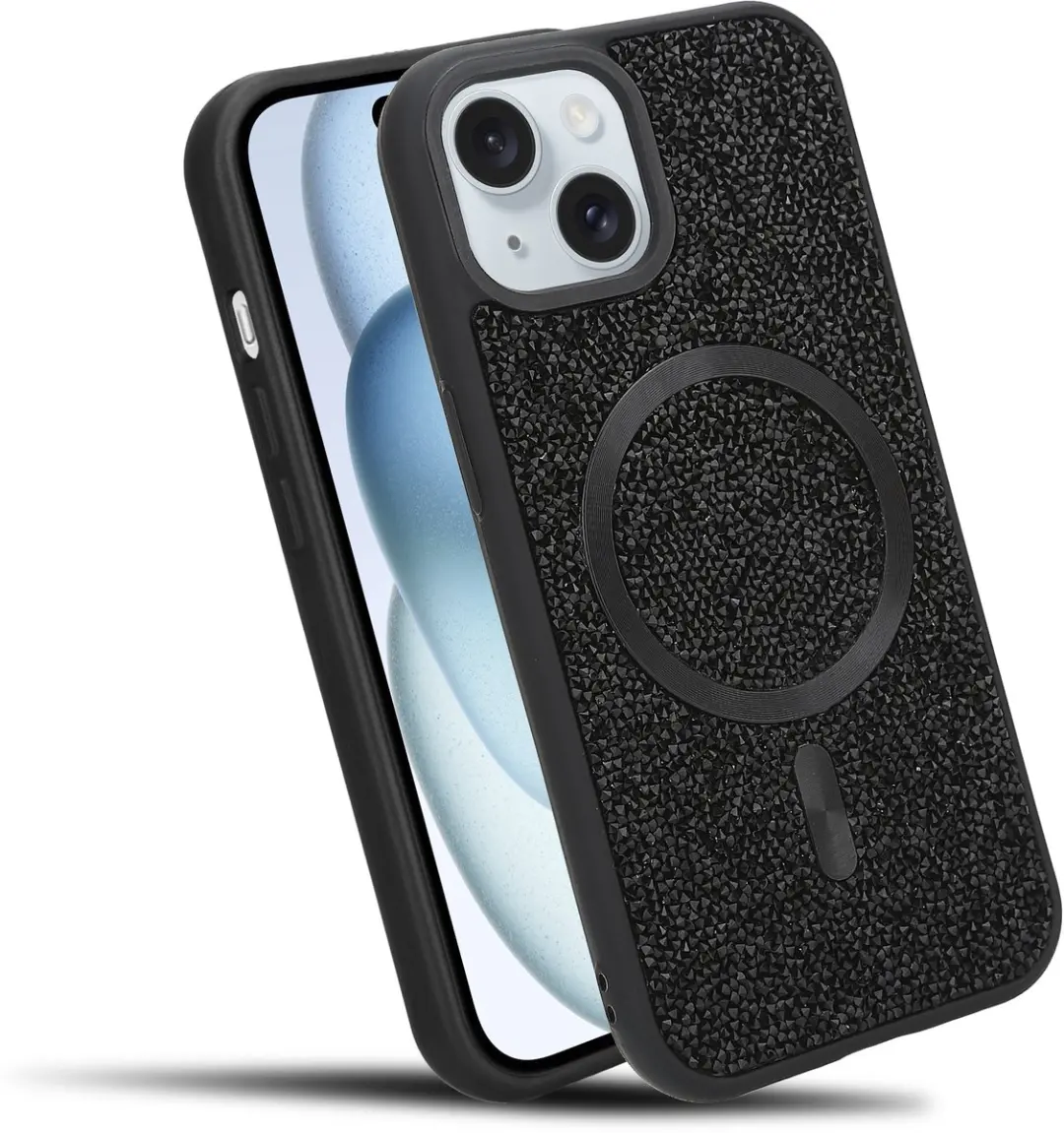 Hoesje geschikt voor iPhone 15 in Zwart Diamant Glitter Stijl