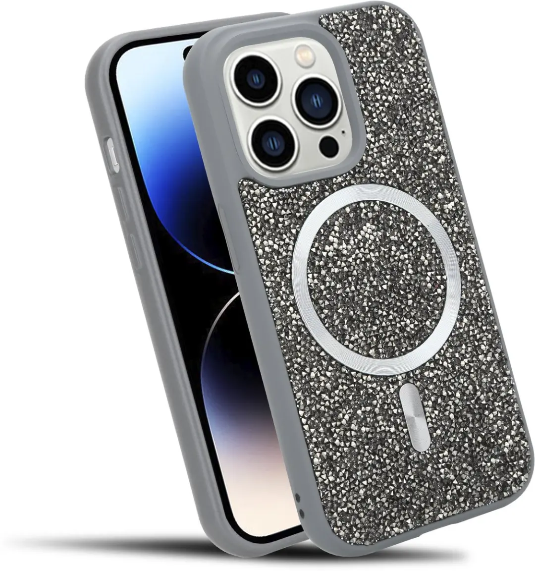 Hoesje geschikt voor iPhone 14 PRO in Grijs Diamant Glitter Stijl