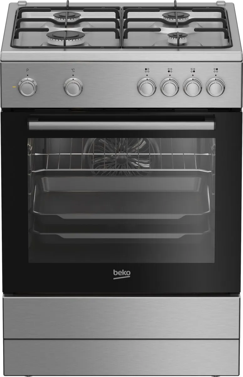 Beko FBM6202XNL AeroPerfect – Vrijstaand Gasfornuis – 60 cm – 4 Gasbranders – Multifunctionele Elektrische Oven – Inox – 66L – Energieklasse A