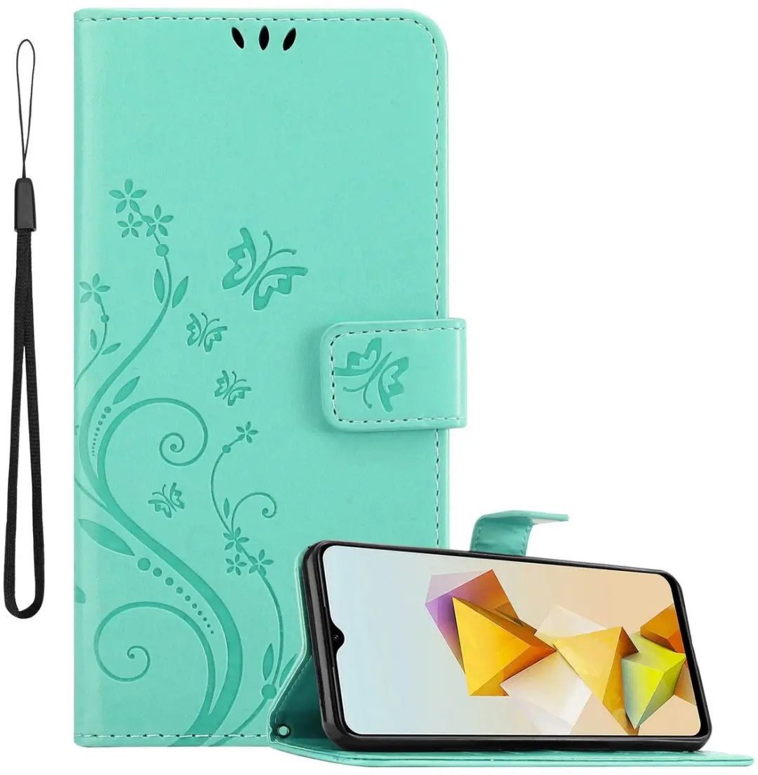 Cadorabo Hoesje geschikt voor ZTE Blade A73 5G in BLOEMEN TURKOOIS - Beschermhoes in bloemmotief met magnetische sluiting, standfunctie en kaartsleuven Book Case Cover Etui