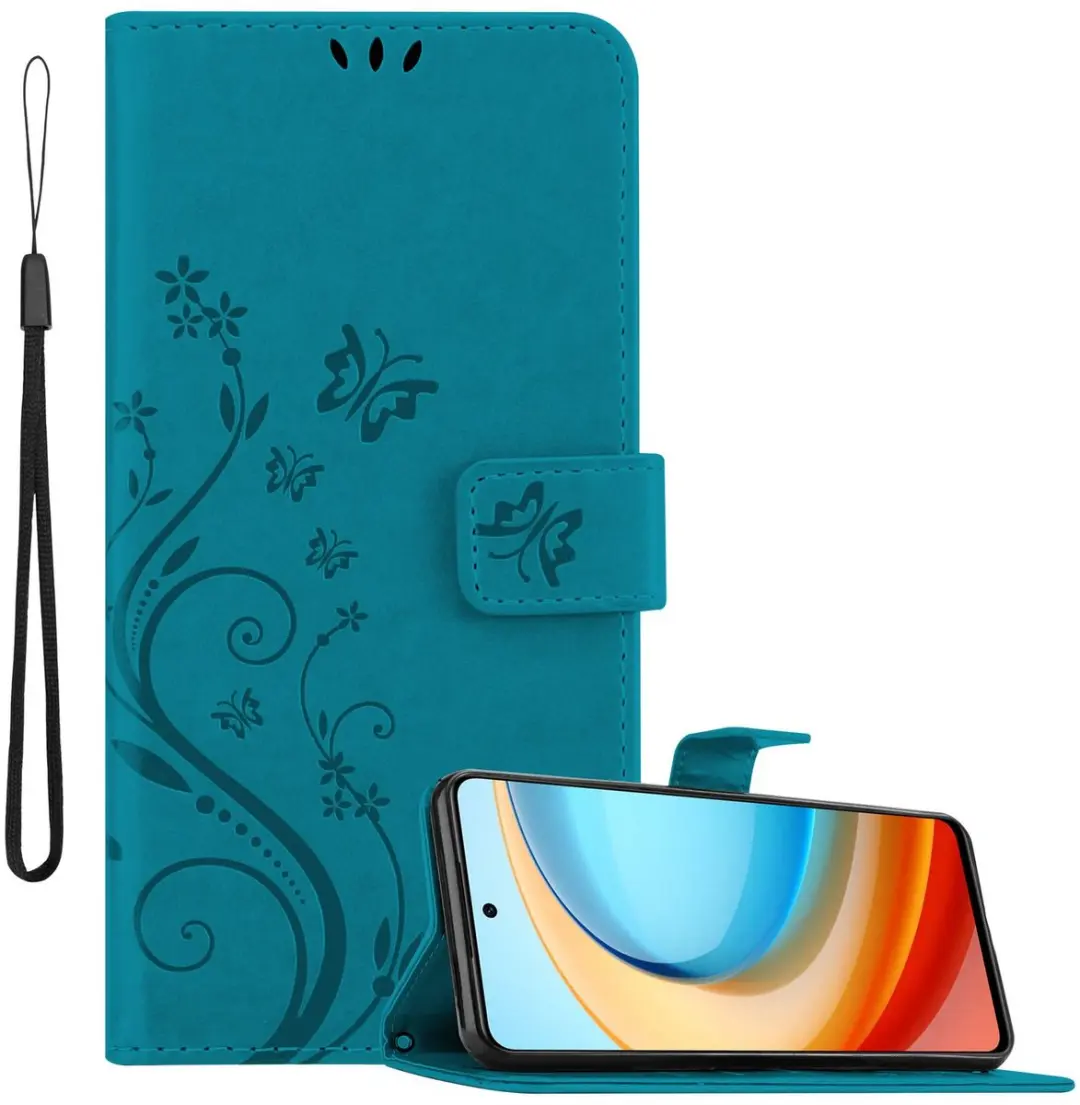 Cadorabo Hoesje geschikt voor ZTE Blade A75 5G in BLOEMEN BLAUW - Beschermhoes in bloemmotief met magnetische sluiting, standfunctie en kaartsleuven Book Case Cover Etui