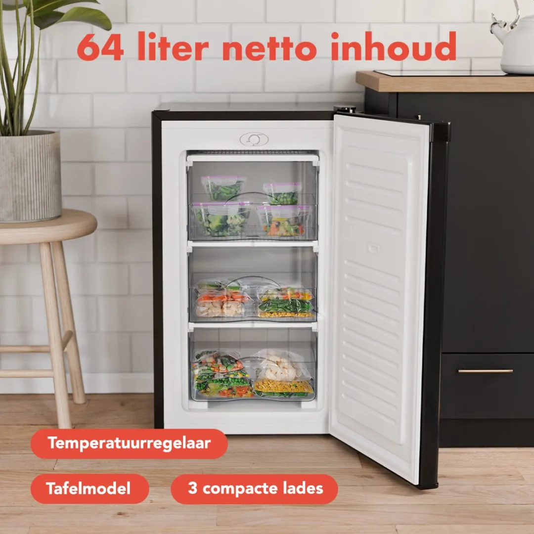 KitchenBrothers KB4028 Vriezer 64L - 3 Vrieslades - Zwart