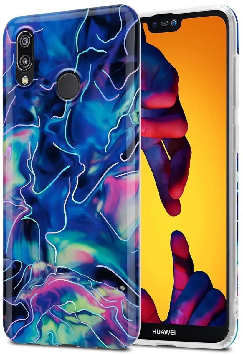 Cadorabo Hoesje geschikt voor Huawei P20 LITE 2018 / NOVA 3E in Blauw Roze marme