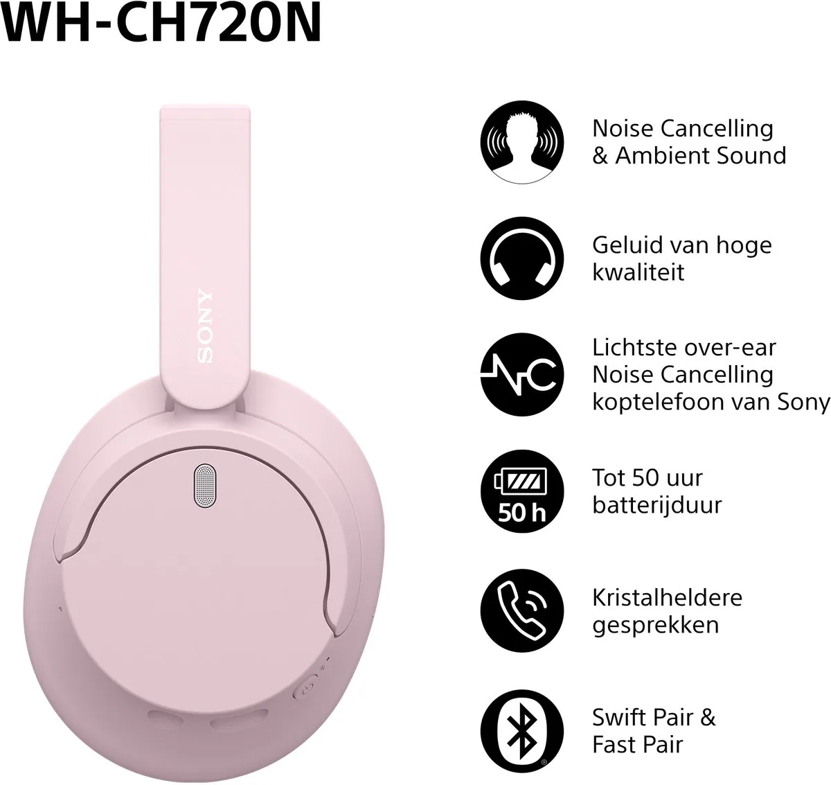 Sony WH-CH720N Draadloze Noise Cancelling Over-Ear Koptelefoon - Roze