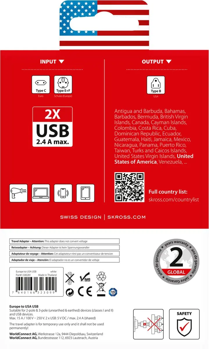 Skross Reisadapter EU naar VS 1.500281 - 2x USB - afbeelding 5 van 6