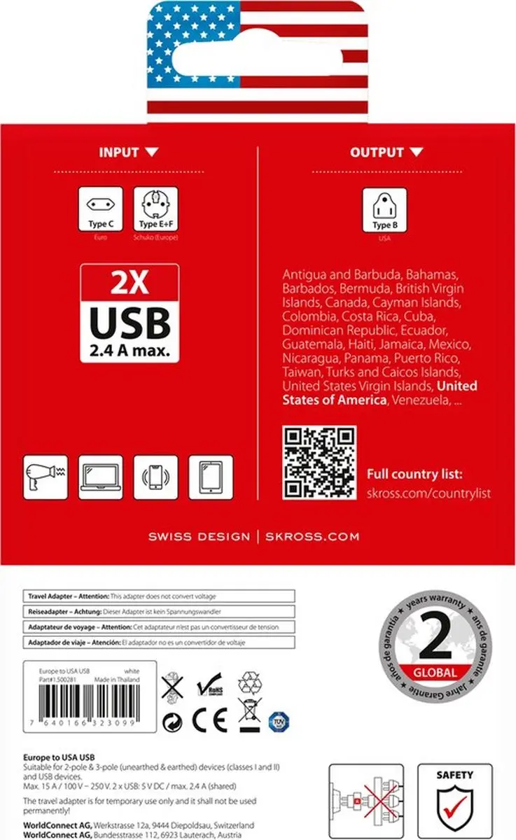 Skross Reisadapter EU naar VS 1.500281 - 2x USB - afbeelding 4 van 6