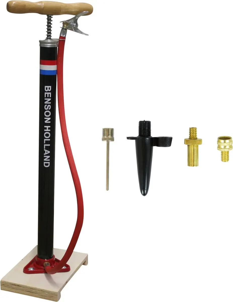 Klassieke fietspomp met houten plank inclusief 4-delige nippelset