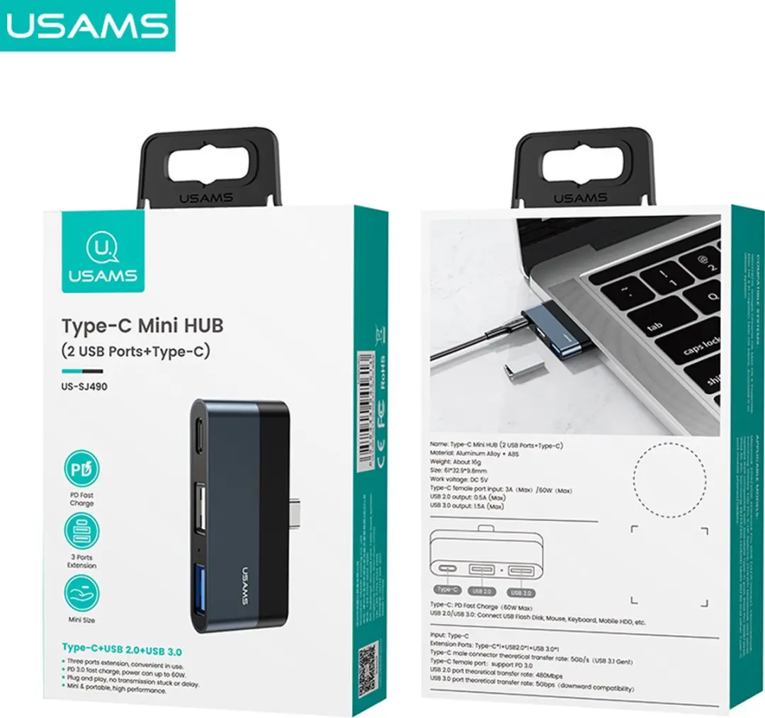 USAMS USB-C Mini-Hub 10415 - 2x USB-A, 1x USB-C - Zwart - afbeelding 3 van 5