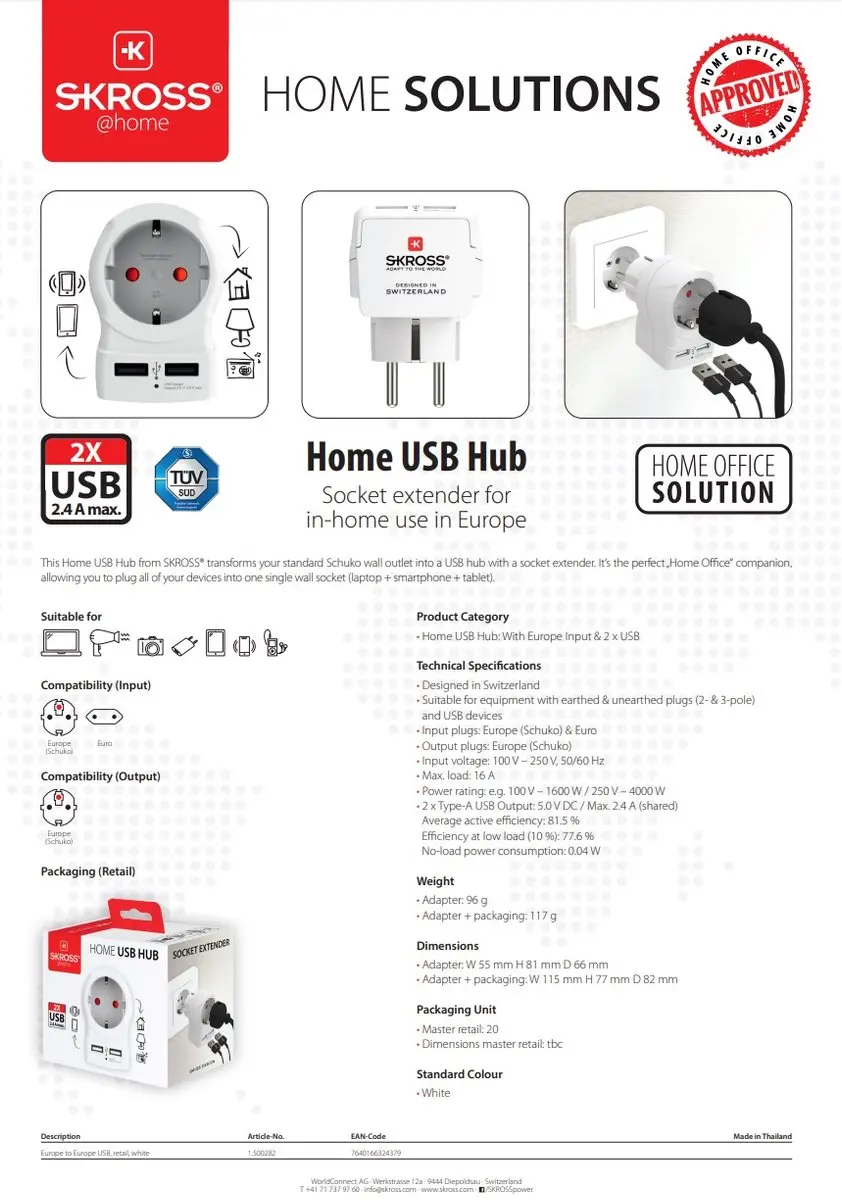 Skross 1500282 Tussenstekker met 2x USB - Wit - afbeelding 4 van 6