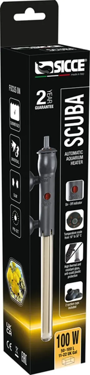 SICCE Scuba water heater 100 watt voor 100 Liter tank / vat / Aquarium