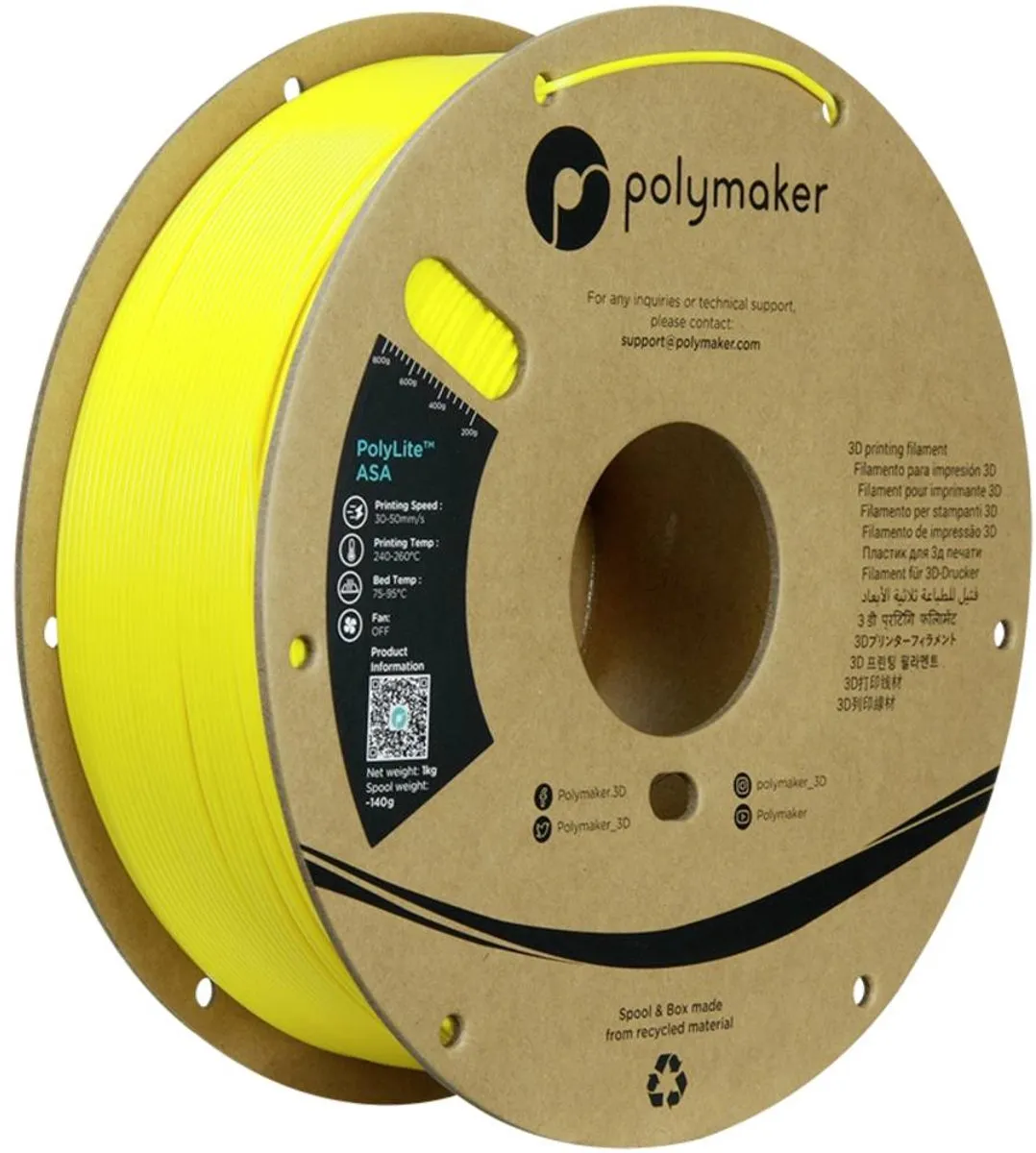 Polymaker PF01031 Yellow Filament ASA UV-bestendig, Weerbestendig, Hittebestendig, Slagvast 1.75 mm 1000 g Geel PolyLit