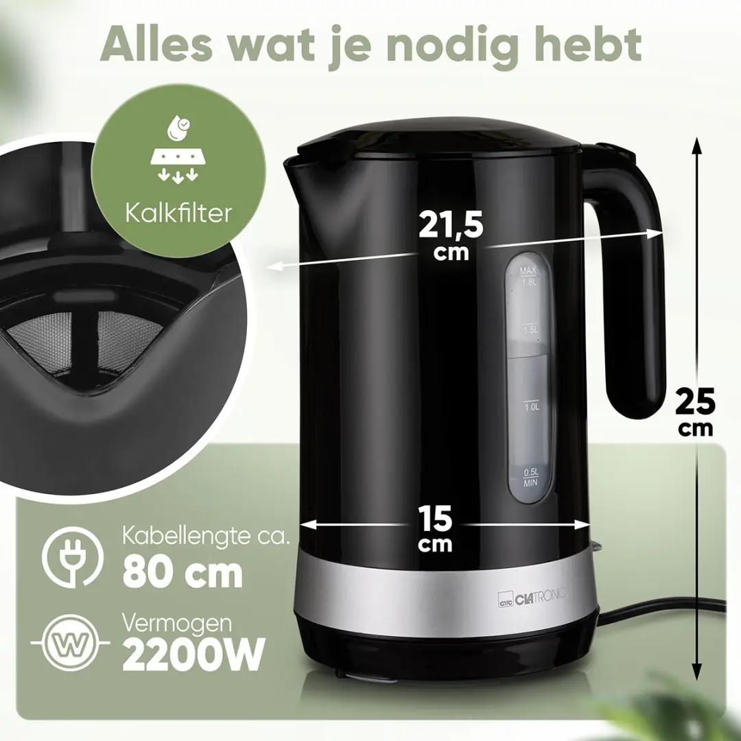 Clatronic WK 3840 Waterkoker - 1.8 liter - 2200W - Zwart - afbeelding 3 van 6