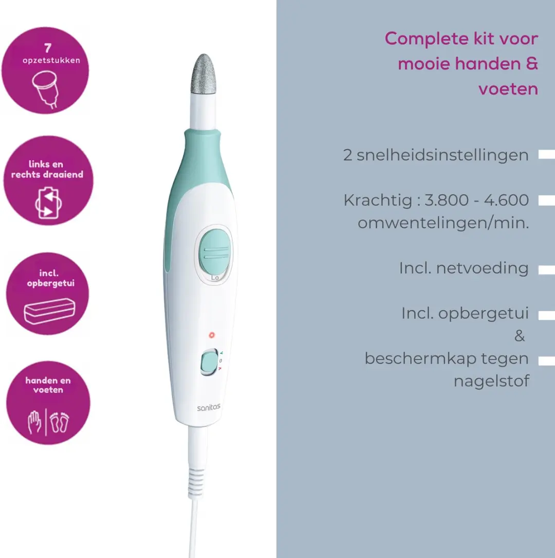 Sanitas SMA 36 Elektrische Nagelvijl - Manicure en Pedicure Set - 7 Opzetstukken - Wit/Groen - afbeelding 5 van 6
