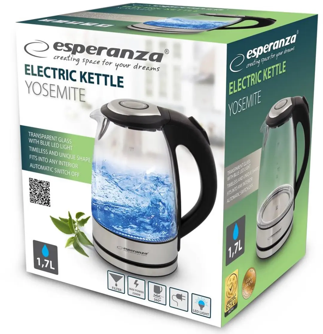 Esperanza Waterkoker met LED Yosemite | Glass | 1,7 Liter | 2200W - afbeelding 3 van 5