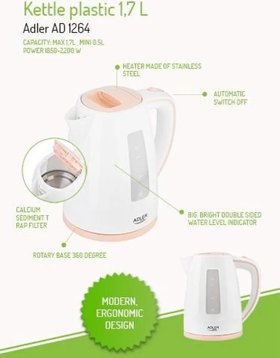 Adler AD 1264 Waterkoker - 2200W - 1.7 liter - afbeelding 4 van 6