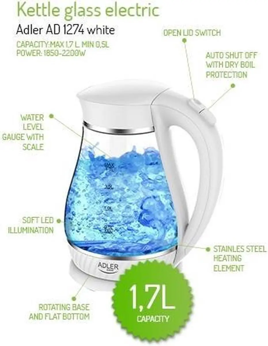 Adler AD1274 Waterkoker - 2200W - 1.7 liter - Wit - afbeelding 3 van 6