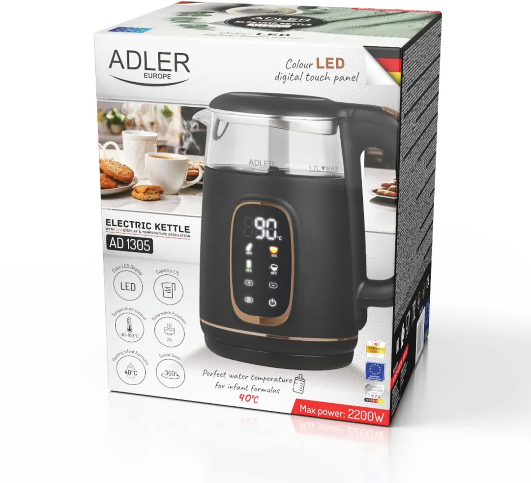 Adler AD 1305 bg Glas Waterkoker 1.7L - 2200W - Zwart en goud - afbeelding 4 van 6