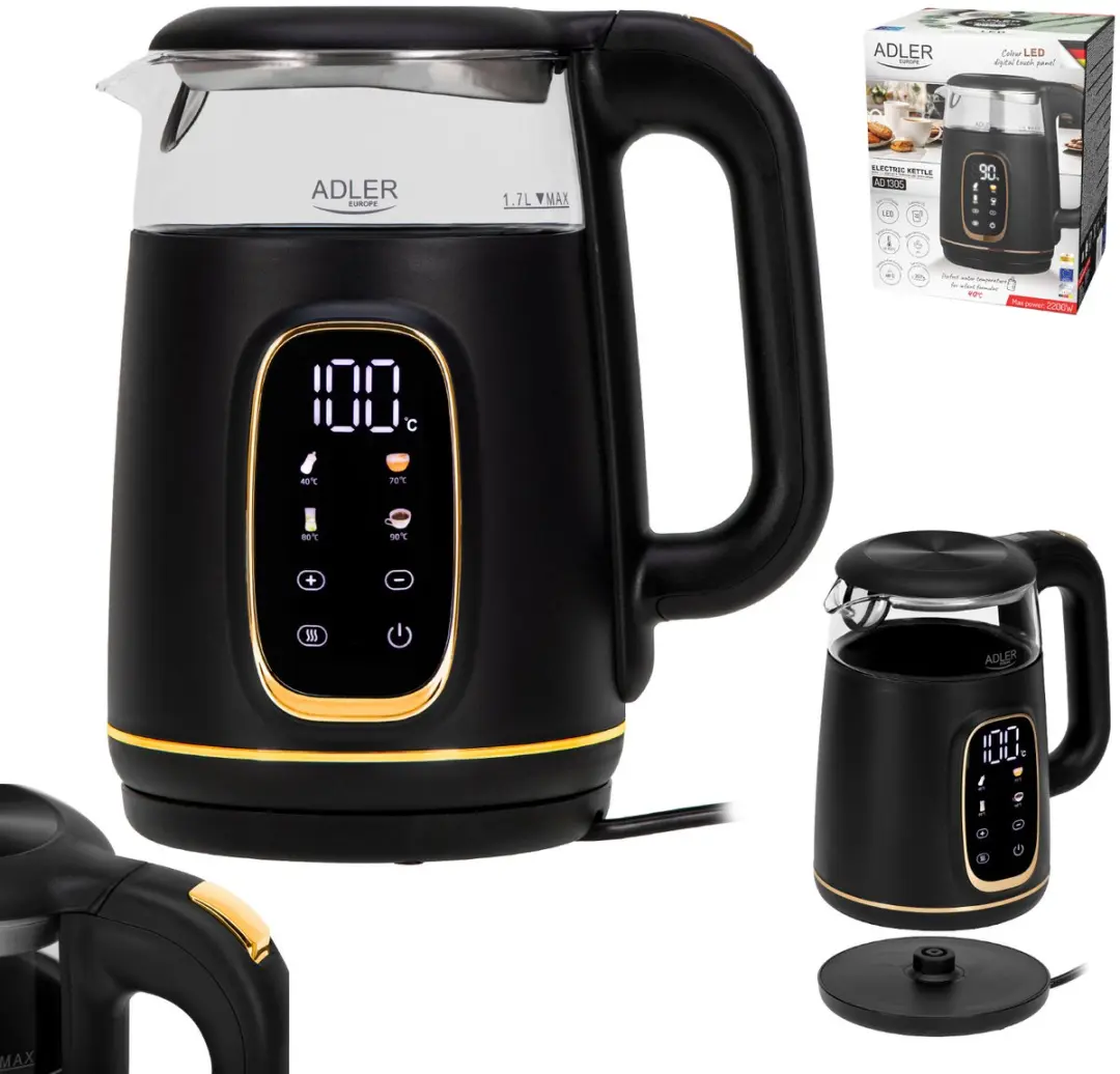 Adler AD 1305 bg Glas Waterkoker 1.7L - 2200W - Zwart en goud - afbeelding 5 van 6