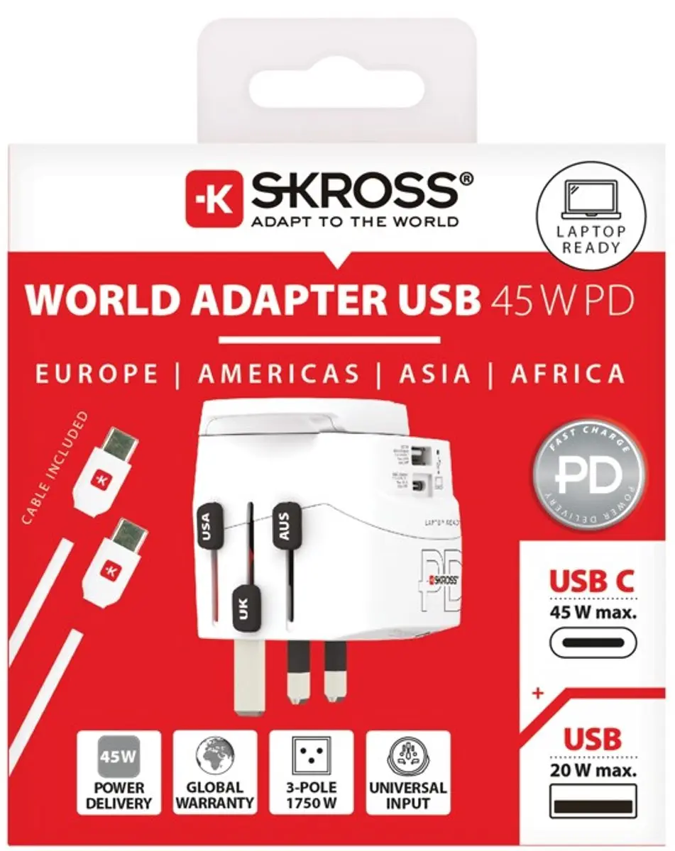 Skross Pro Light USB AC45PD World Reisstekker - Wit - afbeelding 5 van 6