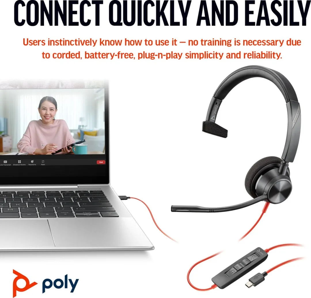 HP Poly Blackwire C3310 On Ear headset – Kabel Mono Zwart – Ruisonderdrukking (microfoon), Noise Cancelling Headset, Volume