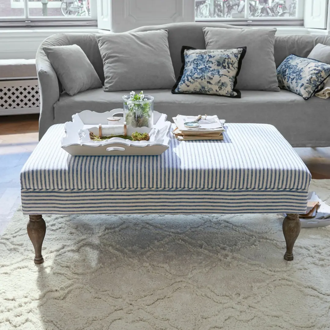 Loberon Ulysette Poef - Wit/Blauw - afbeelding 5 van 6