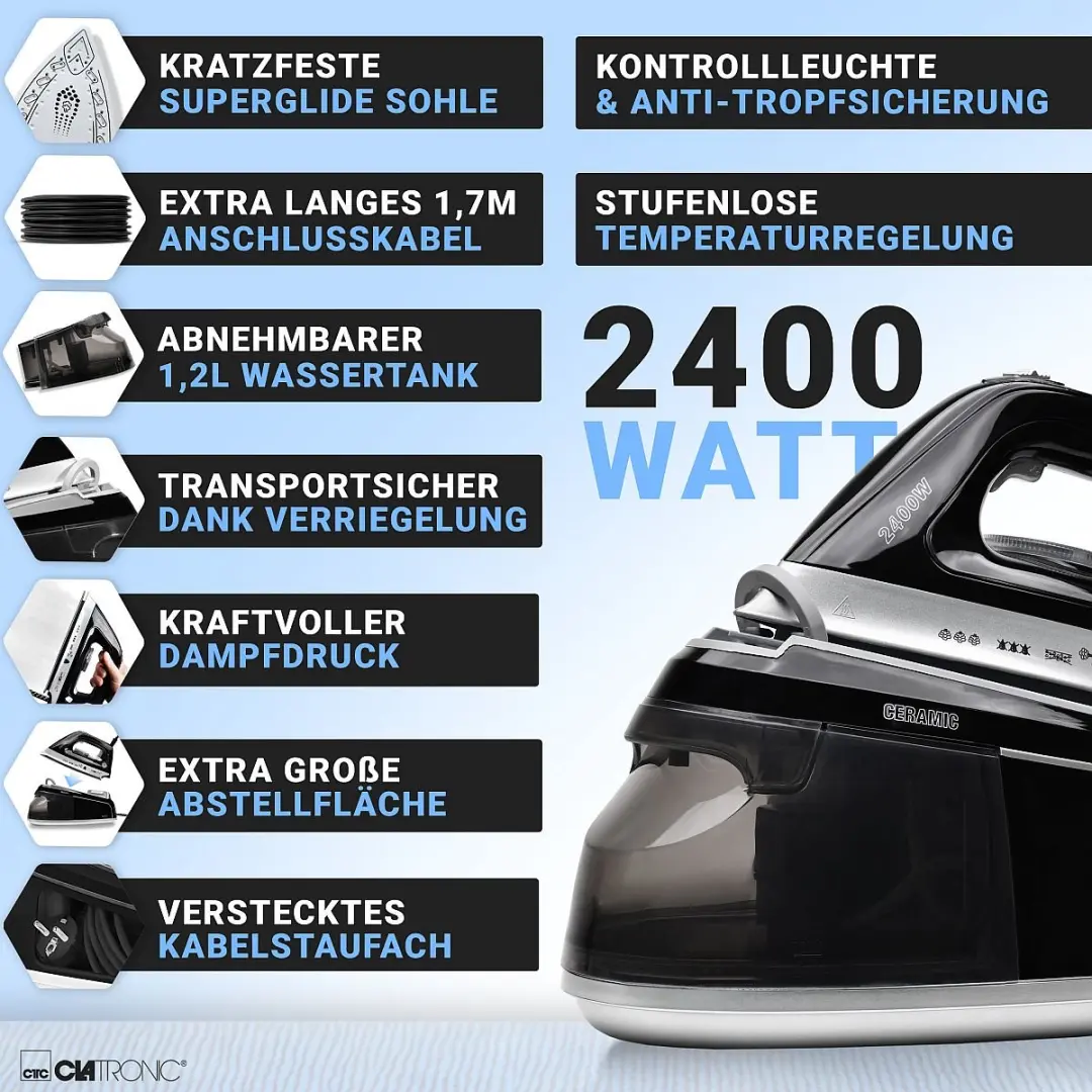 Clatronic DBS 3749 Stoomstrijkstation 2400W - Zwart - afbeelding 3 van 6