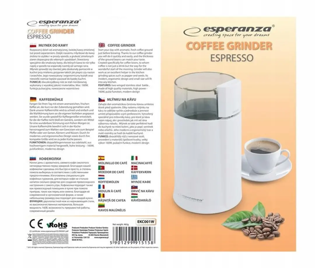 Esperanza EKC001W Koffiemolen - 160W - Wit - afbeelding 4 van 6