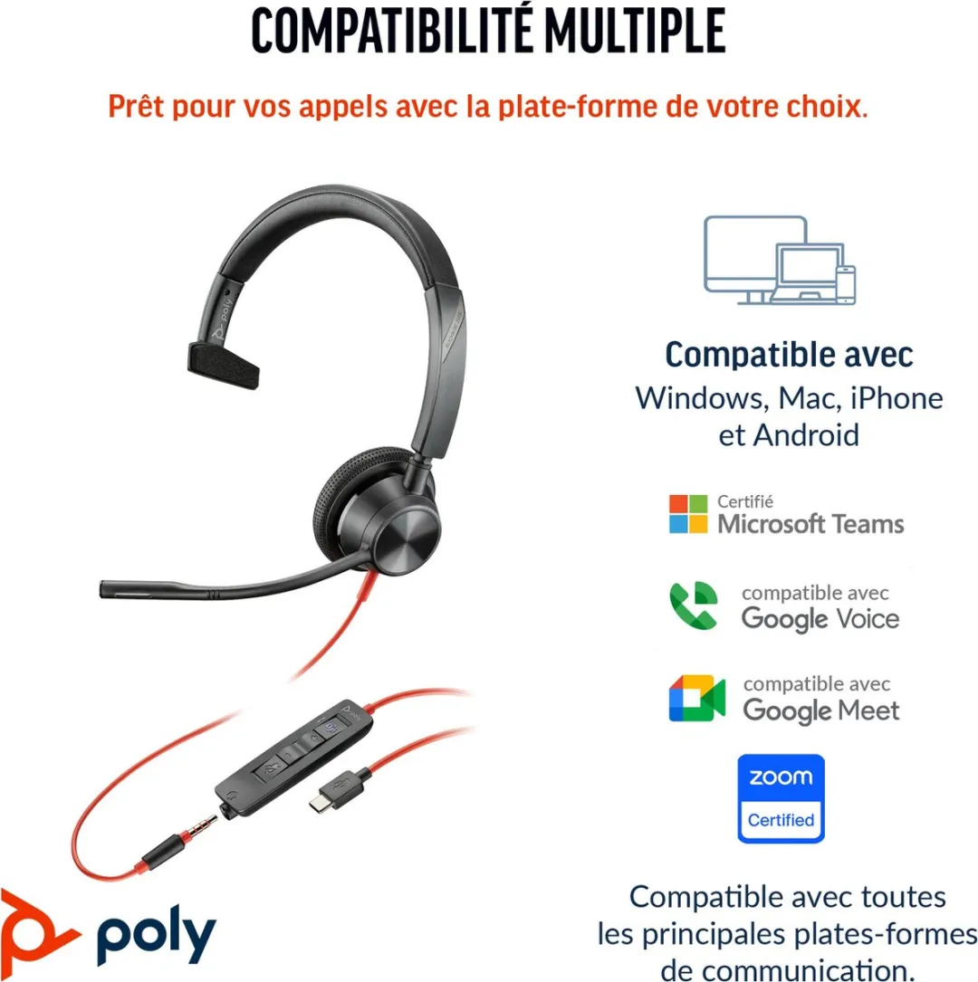 HP Poly Blackwire C3315-M – On-ear headset – Kabel – Mono – Zwart – Ruisonderdrukking (microfoon)