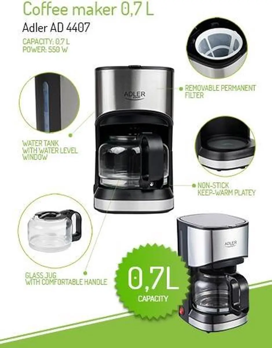 Adler AD 4407 Filterkoffiezetapparaat - 550W - 0.7L - afbeelding 6 van 6