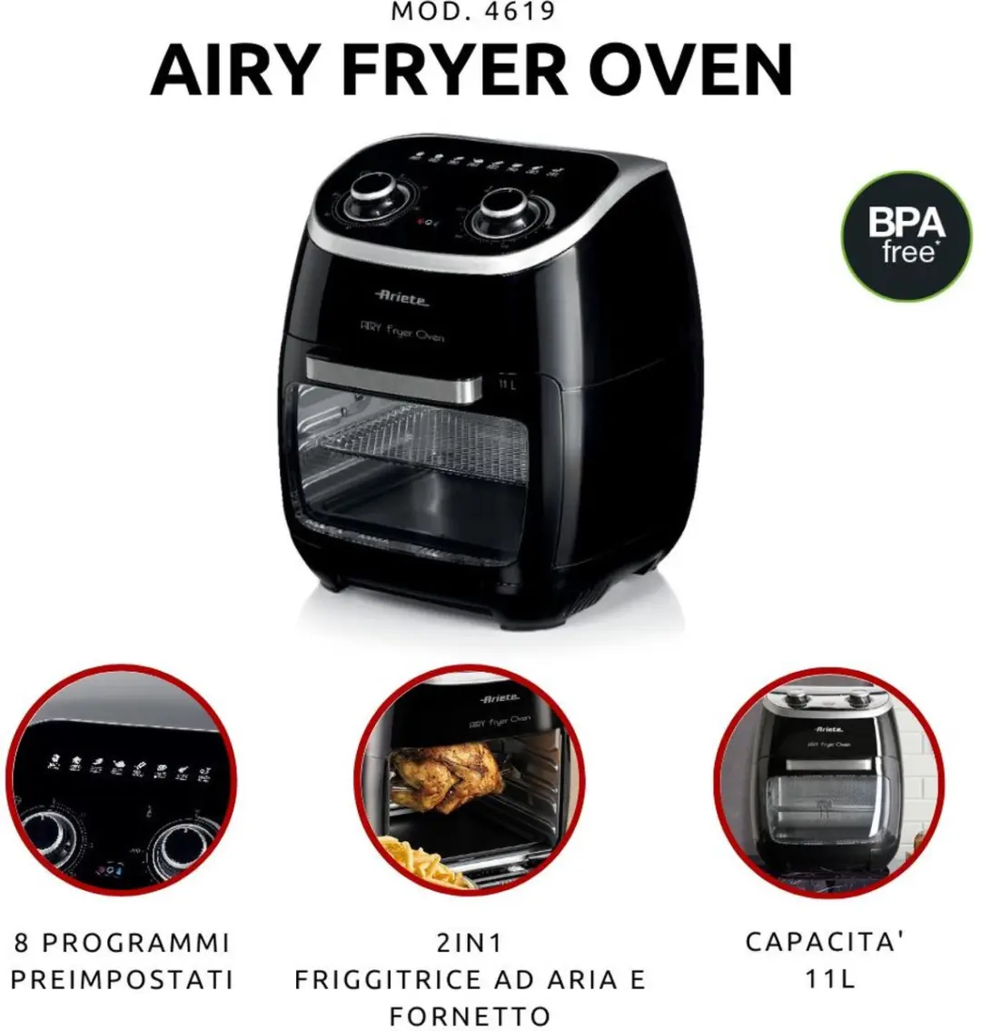 Ariete 4619/00 - Airfryer Oven - Hetelucht friteuse - 2000W - 11 liter - 80 tot 200°C - 8 automatische programma's - 6 accessoires - afbeelding 6 van 6