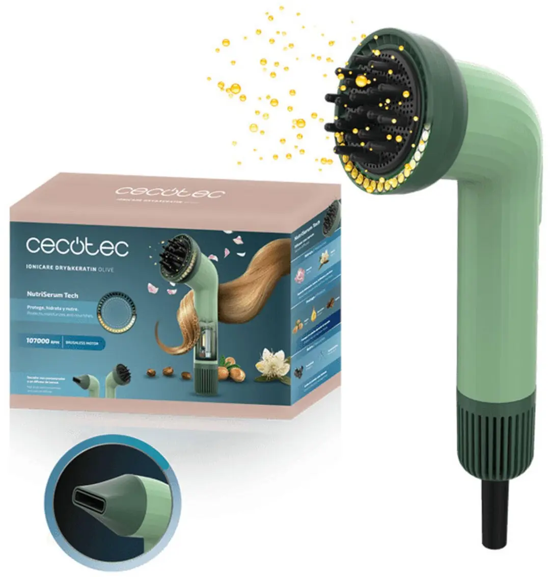Cecotec Secador de Pelo Compacto IoniCare Dry&Keratin Olive. 1200W, 107000RPM, M