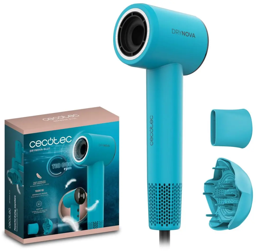 Cecotec Secador de Pelo Compacto y Ligero DryNova Blue Wave. 1600W, 110000RPM, M