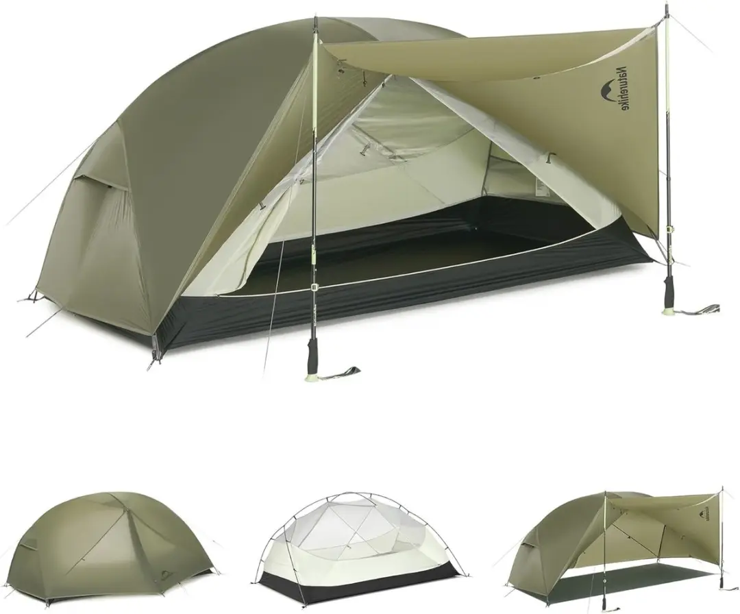 Naturehike Mongar PRO 2 – 2-persoons lichtgewicht tent – Incl. grondzeil – 20D 3000MM – 3-seizoenen koepeltent – Waterdichte trekkerstent & kampeertent – Olijfgroen