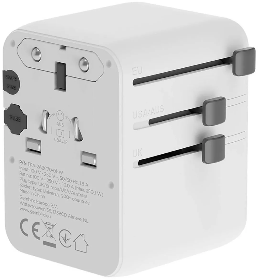 Gembird Universele Reisadapter 70W - Wit