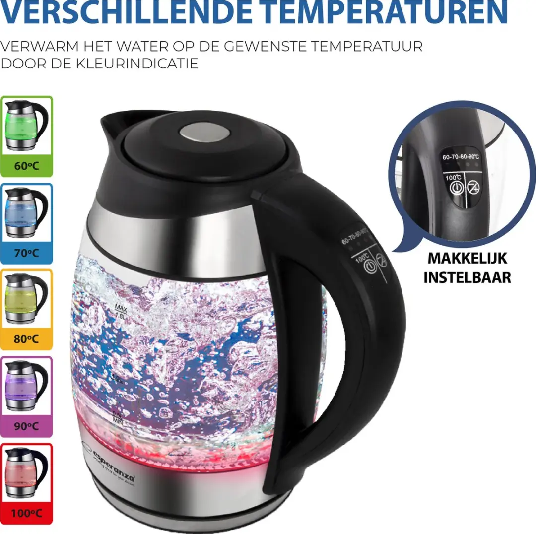 Esperanza EKK026 Glazen Waterkoker 1,7L - Zwart - afbeelding 2 van 6
