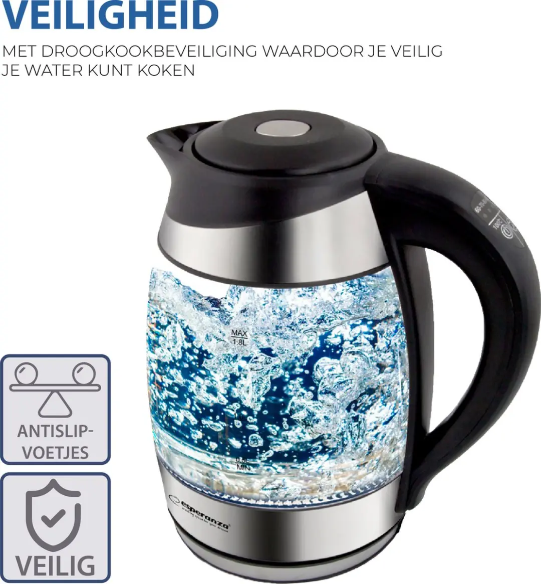 Esperanza EKK026 Glazen Waterkoker 1,7L - Zwart - afbeelding 3 van 6