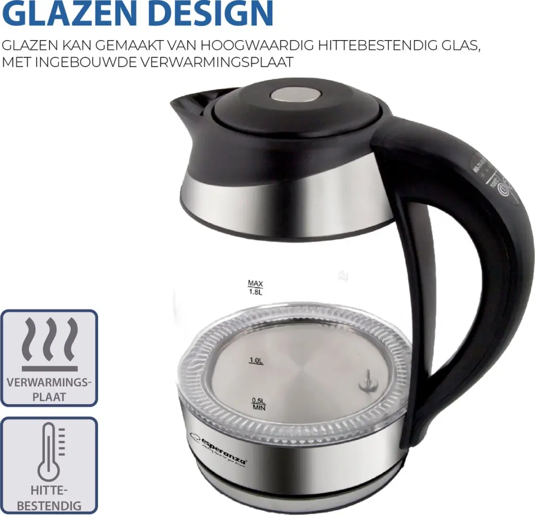 Esperanza EKK026 Glazen Waterkoker 1,7L - Zwart - afbeelding 5 van 6