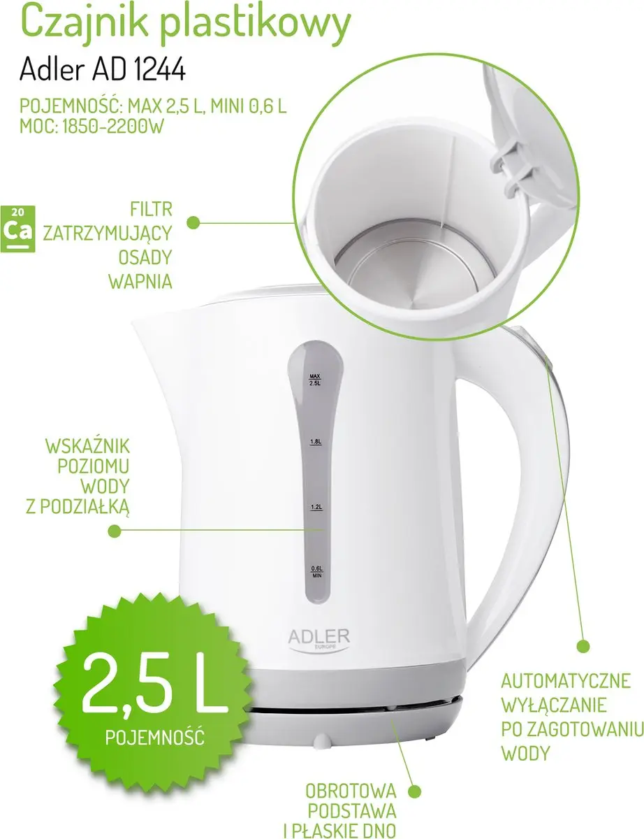 Adler AD 1244 Waterkoker - 2200W - 2.5L - Wit - afbeelding 3 van 6
